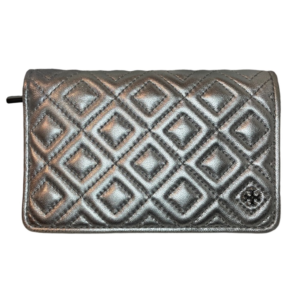 Tory Burch Fleming Silver Metallic Slim Medium Wallet